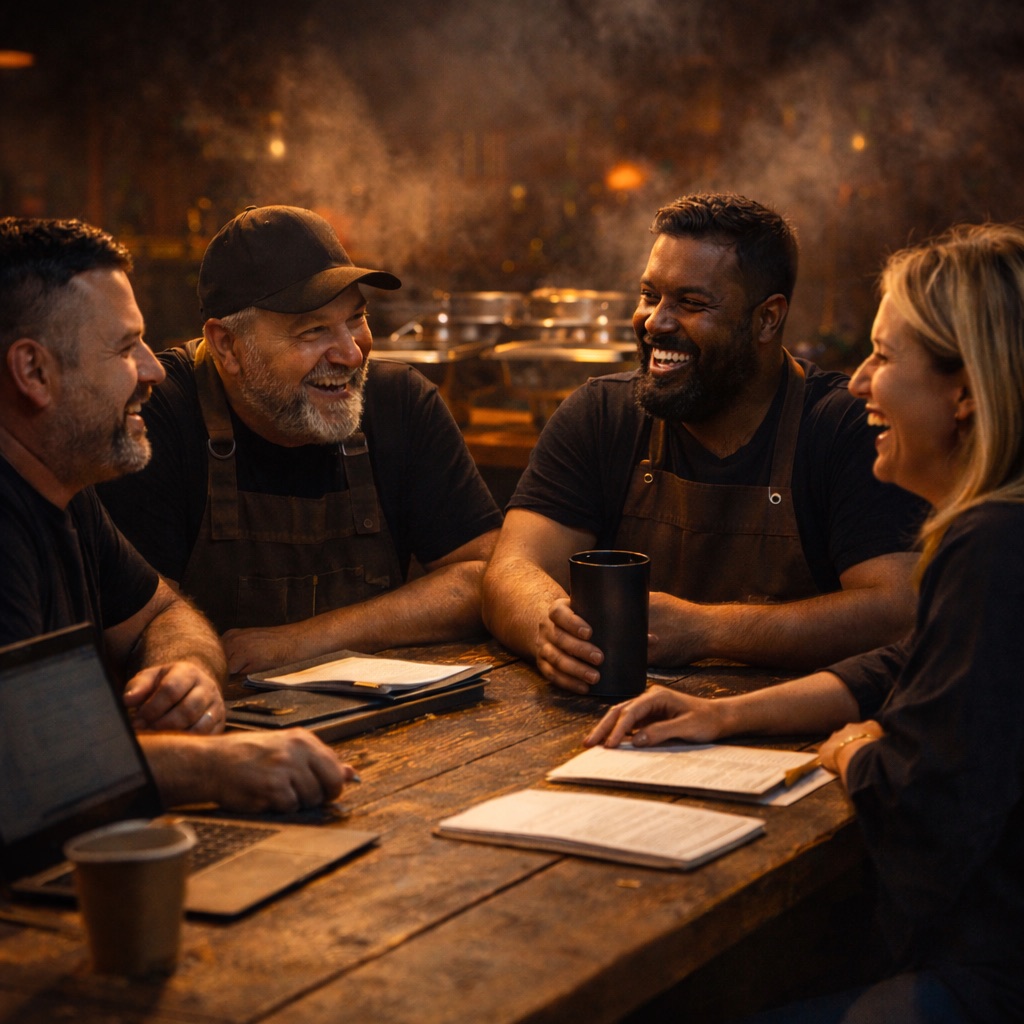 BBQ operators talking around a table