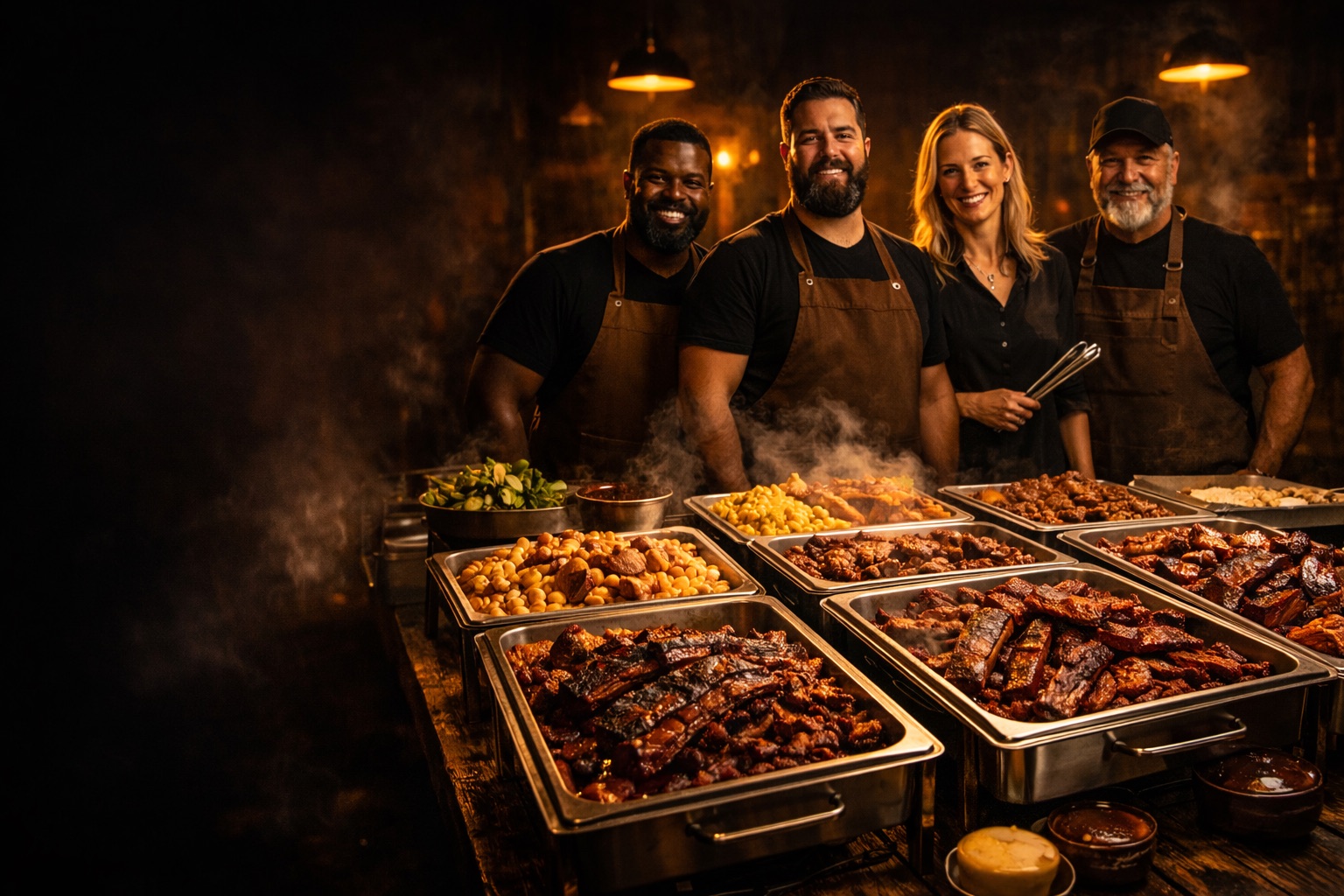 BBQ operators behind a full catering spread of smoked meats and sides