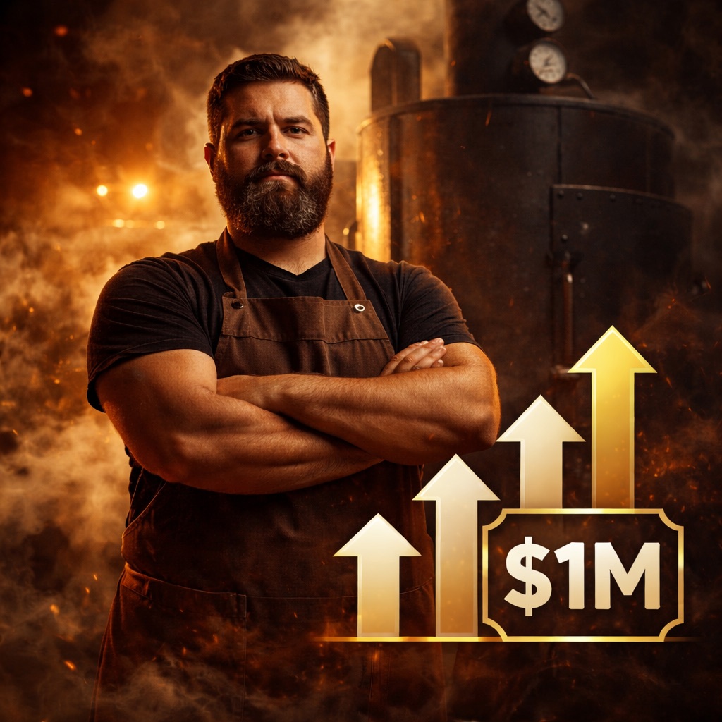 BBQ pitmaster in front of rising revenue arrows